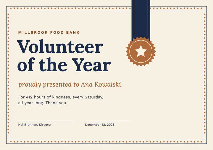 Volunteer of the Year certificate template