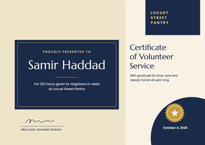 Certificate of Volunteer Service template