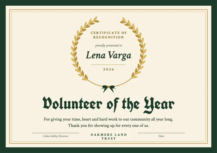 Forest and gold volunteer of the year certificate template