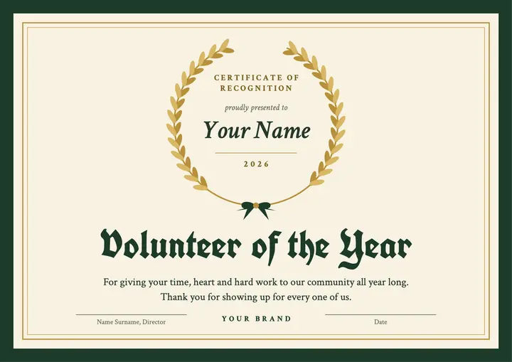 Forest and gold volunteer of the year certificate template