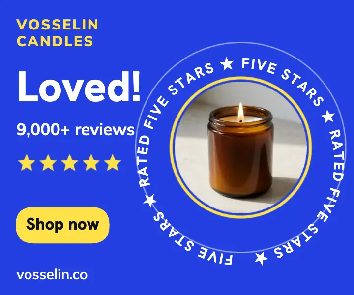 Vosselin Candles five-star review ad, orbiting ring: candle review display ad template