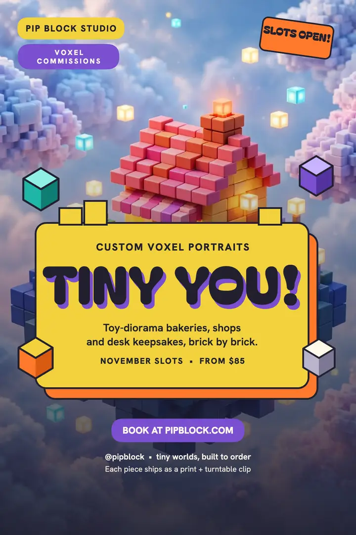 Pip Block Studio voxel bakery poster: voxel commission poster template