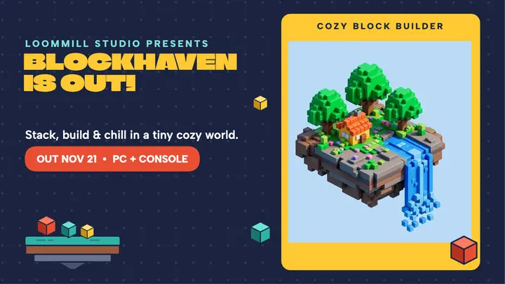 Blockhaven cozy game launch thumbnail template