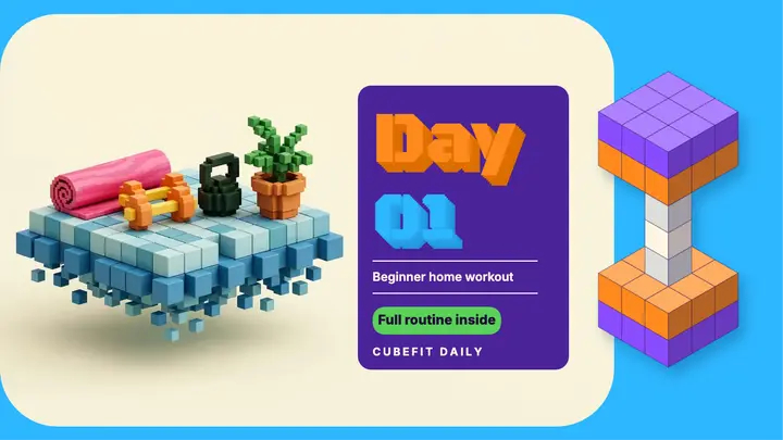 Cubefit Daily beginner home workout thumbnail, voxel blocks template