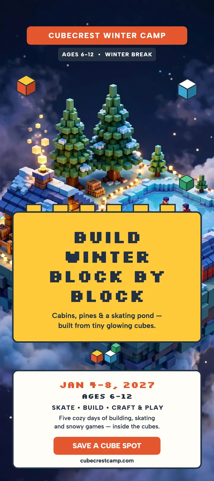 Cubecrest winter camp toy block rack card template