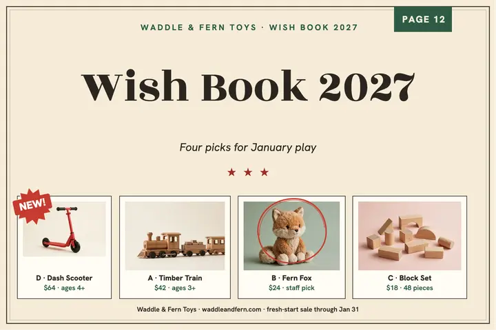 Waddle and Fern toy wish book postcard template