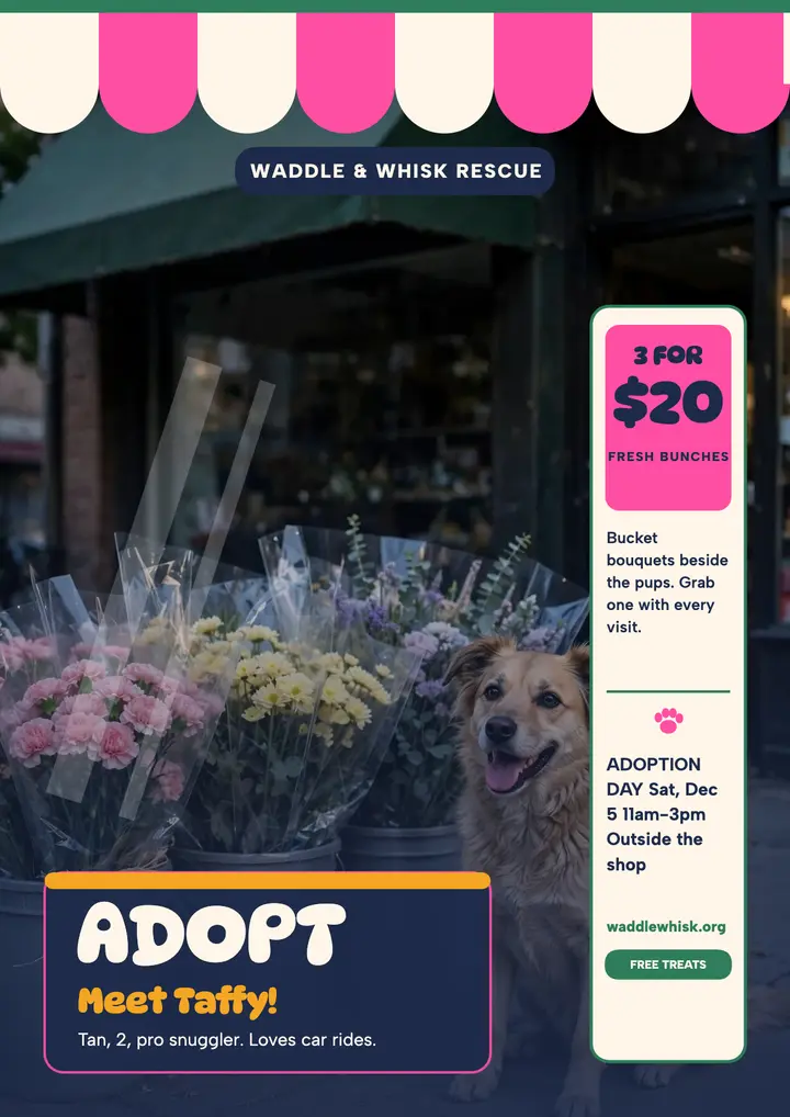 Waddle and Whisk adoption day flyer: pet adoption flyer template