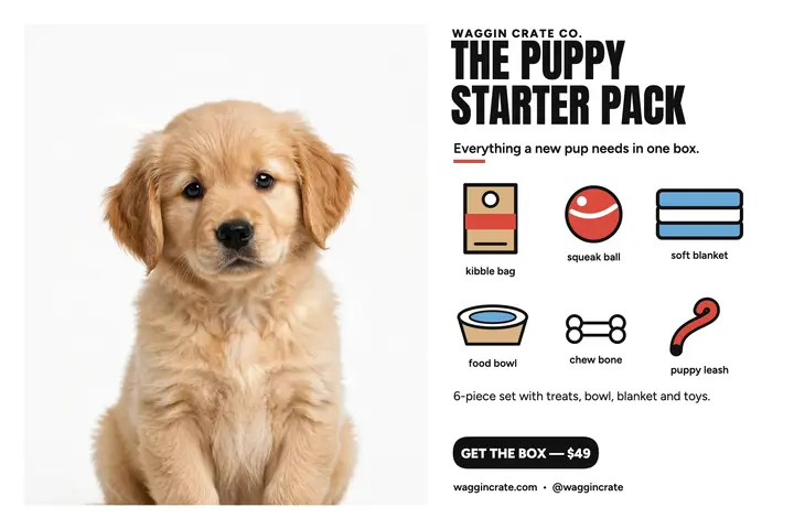 Puppy starter pack postcard, Waggin Crate template