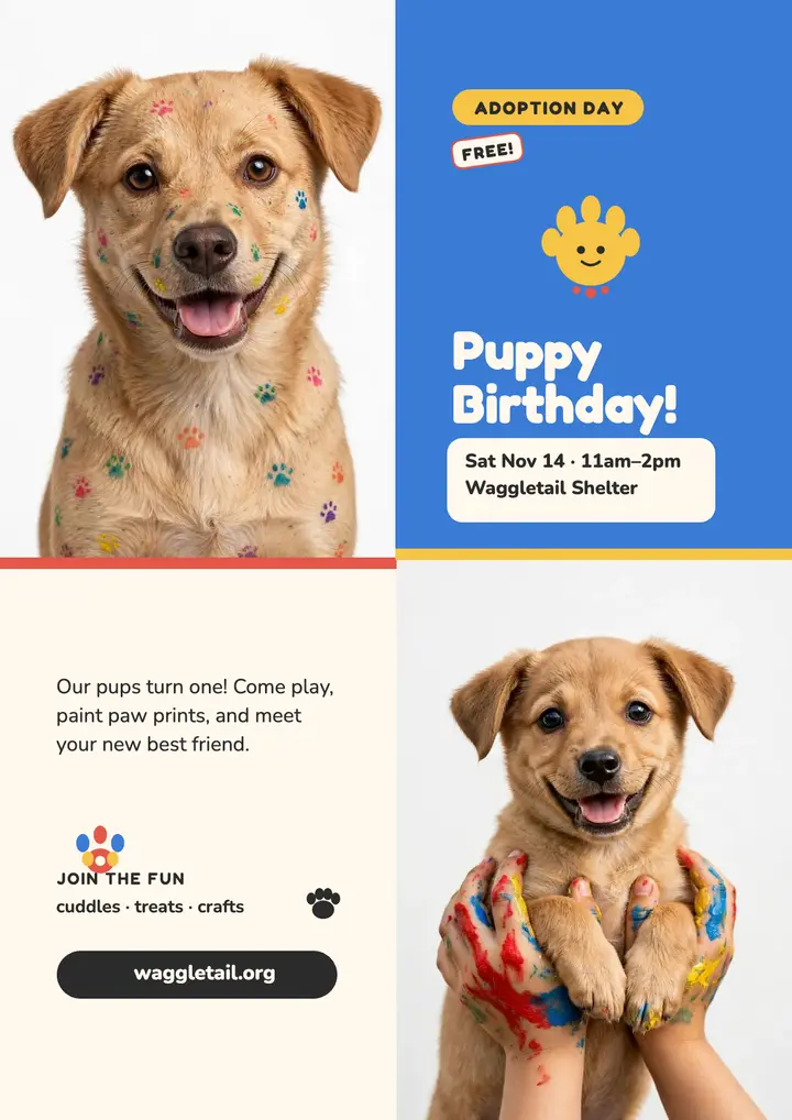 Waggletail puppy birthday adoption flyer template