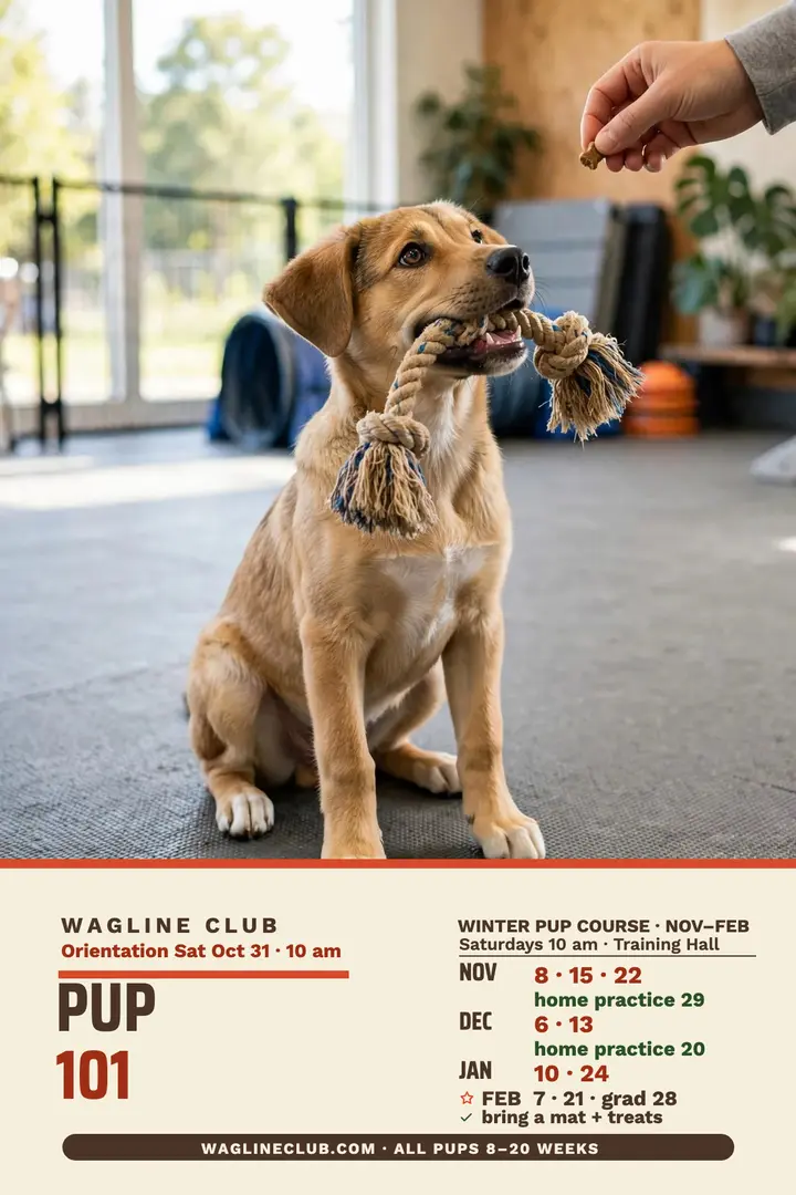 Wagline Club winter pup course poster: puppy training schedule poster template