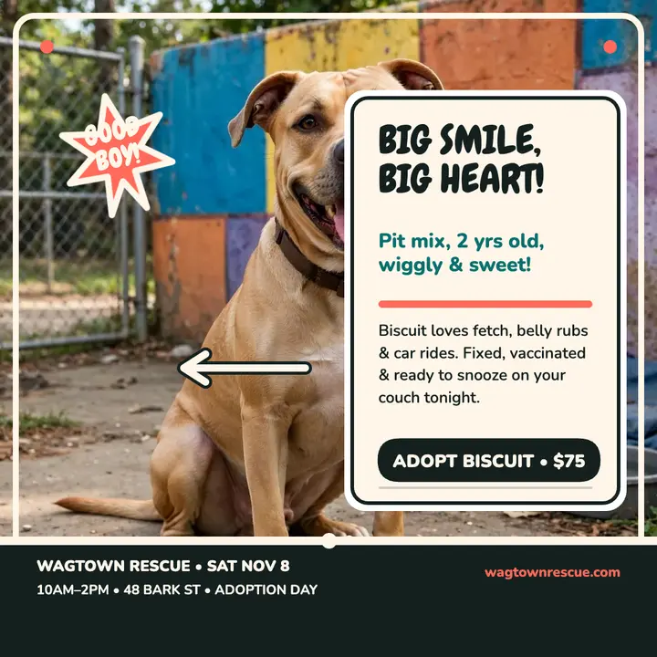 Wagtown Rescue adoption day post, Biscuit template