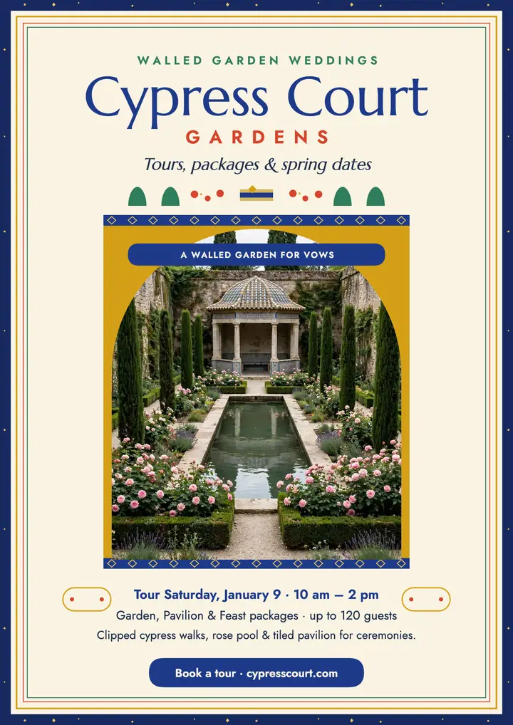 Cypress Court Gardens wedding flyer: wedding venue flyer template