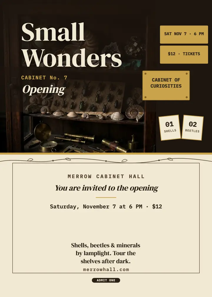 Merrow Cabinet Hall Small Wonders invitation: museum exhibit invitation template