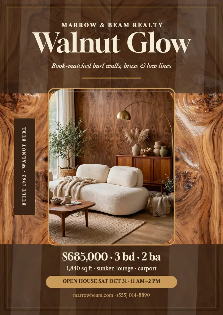 Marrow and Beam walnut glow home flyer template