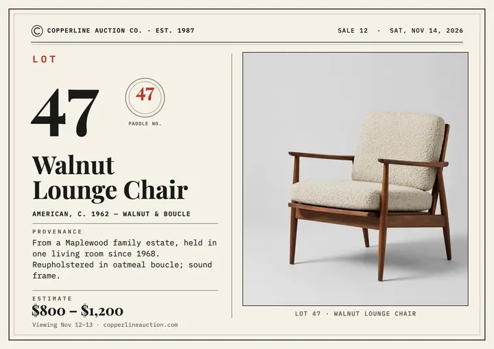 Walnut lounge chair auction lot certificate template