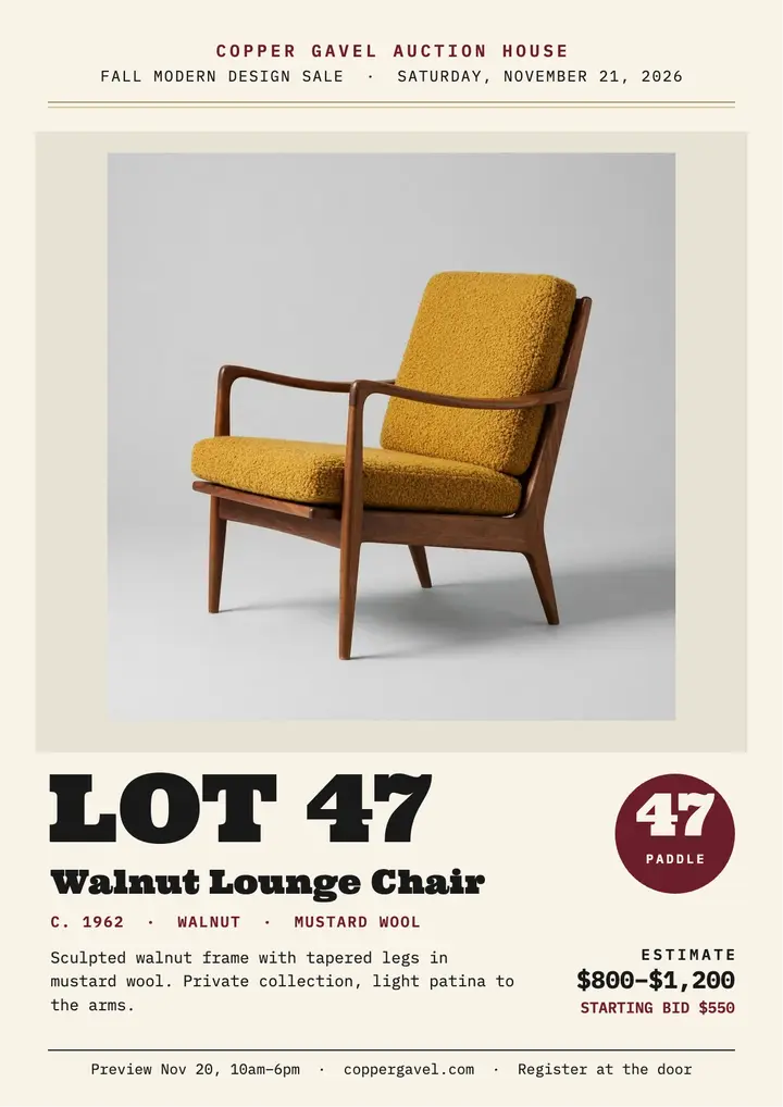 Walnut lounge chair auction lot flyer template