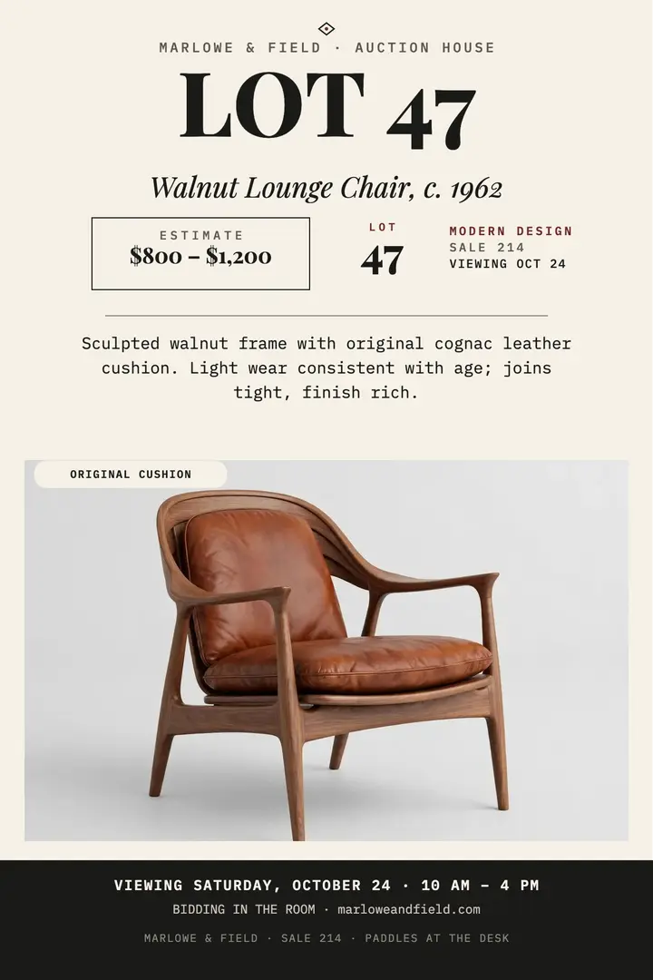 Walnut lounge chair auction lot poster template