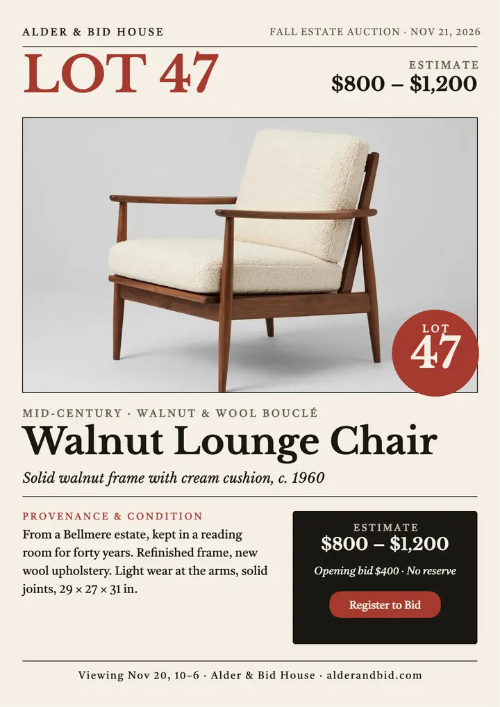 Walnut lounge chair auction lot flyer template
