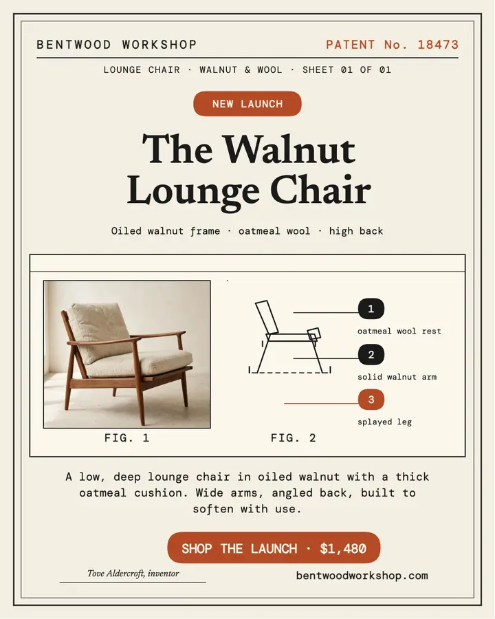 Bentwood walnut lounge chair patent post template