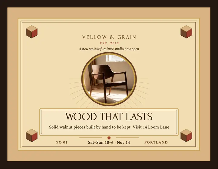 Vellow and Grain walnut studio flyer template