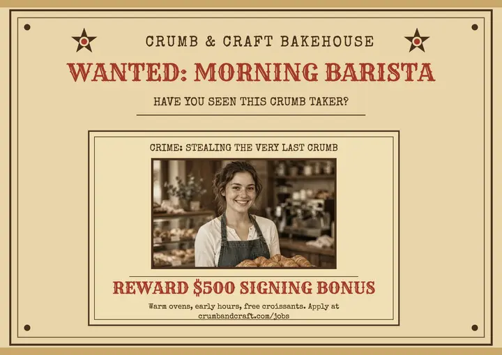 Wanted morning barista bakery certificate template