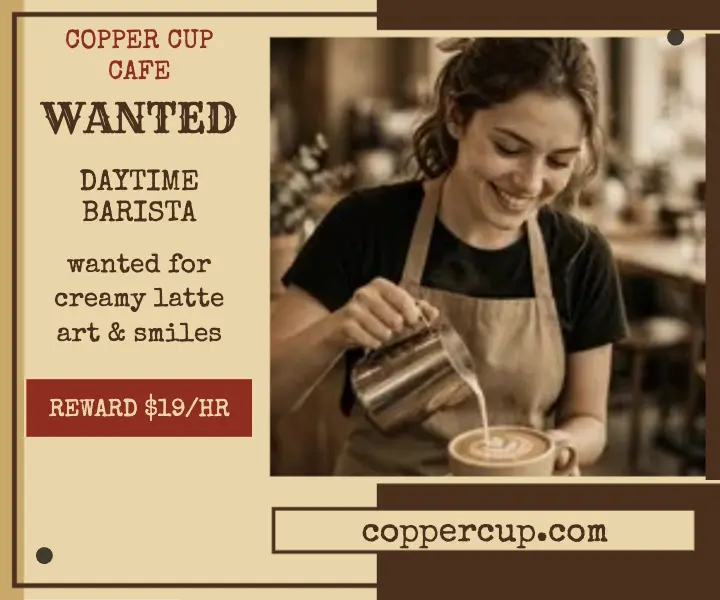 Wanted daytime barista ad, Copper Cup: barista hiring ad template