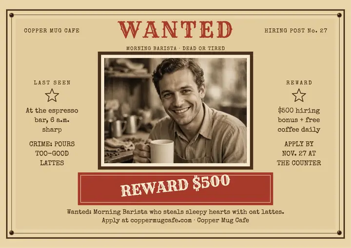 Wanted morning barista hiring certificate template