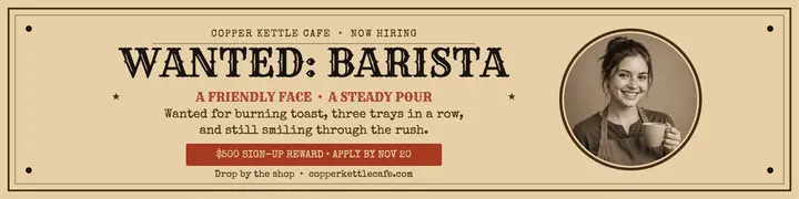 Wanted barista hiring banner, Copper Kettle: barista hiring banner template