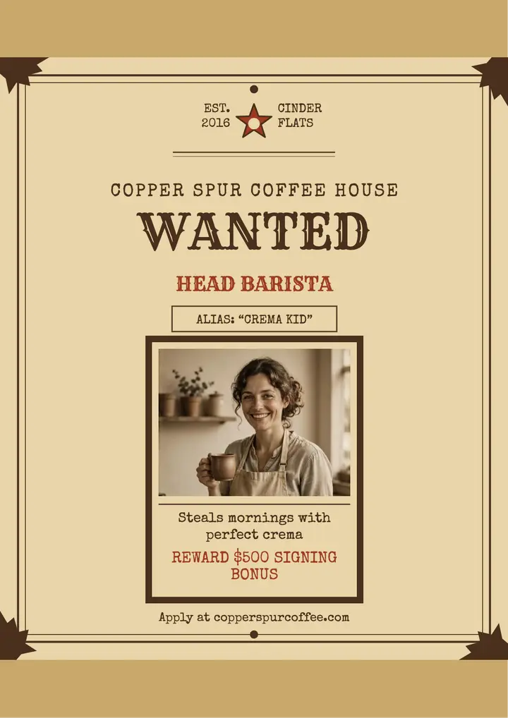 Wanted head barista poster, Copper Spur template