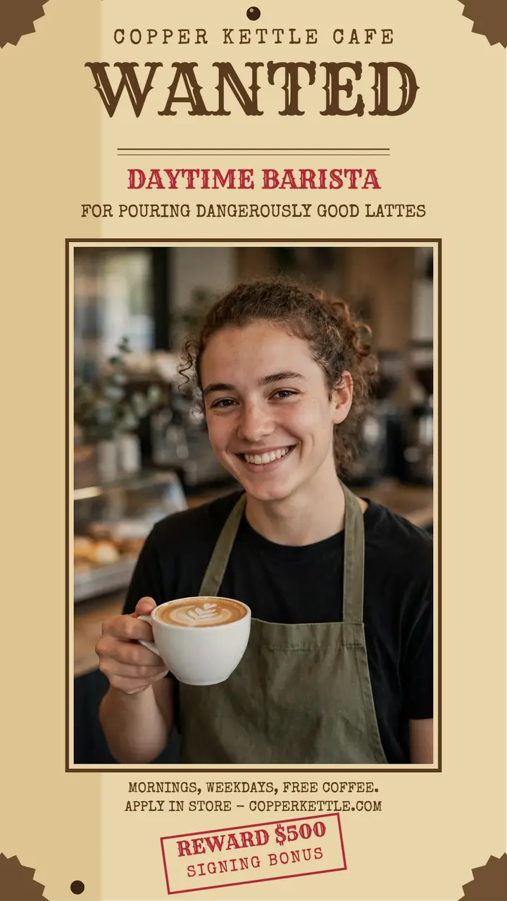 Copper Kettle wanted barista poster: barista hiring story template