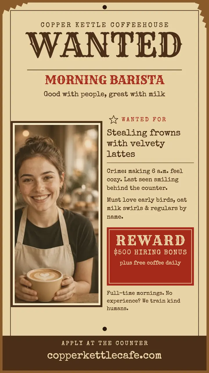 Copper Kettle wanted barista story: wanted barista hiring story template