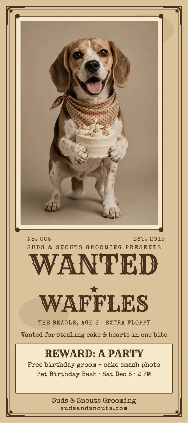 Waffles wanted pup birthday rack card: pet birthday poster template