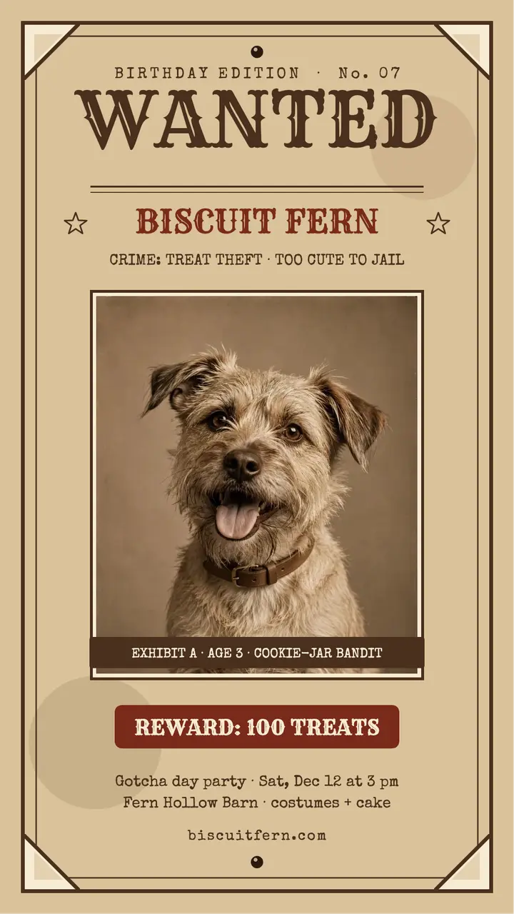 Biscuit Fern wanted birthday story template