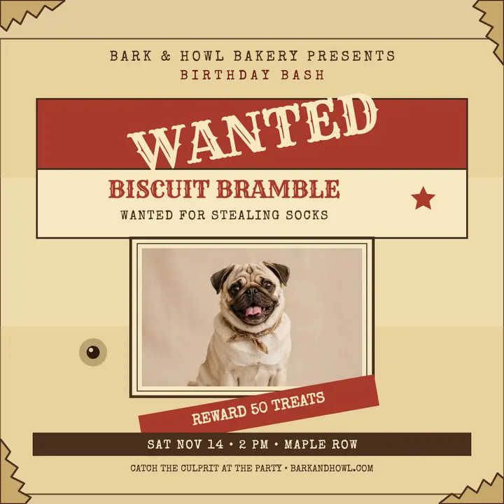Biscuit Bramble wanted pup birthday: pet birthday wanted poster template
