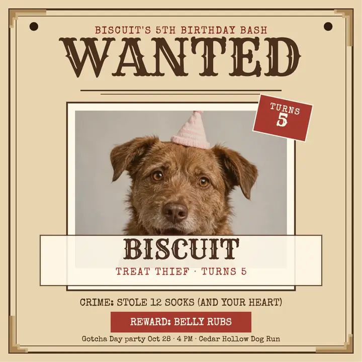 Biscuit treat thief birthday wanted poster template