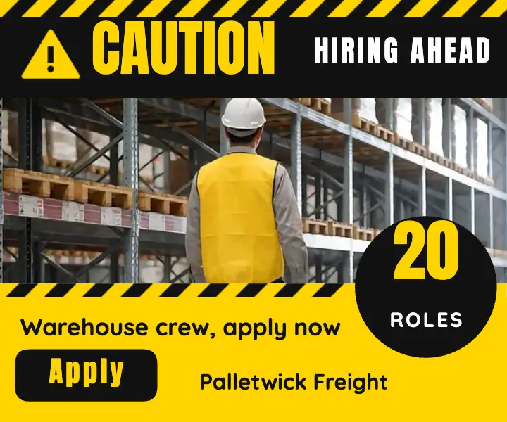Caution hiring ahead warehouse crew ad template