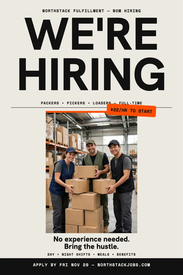 Northstack warehouse crew hiring poster: warehouse hiring poster template