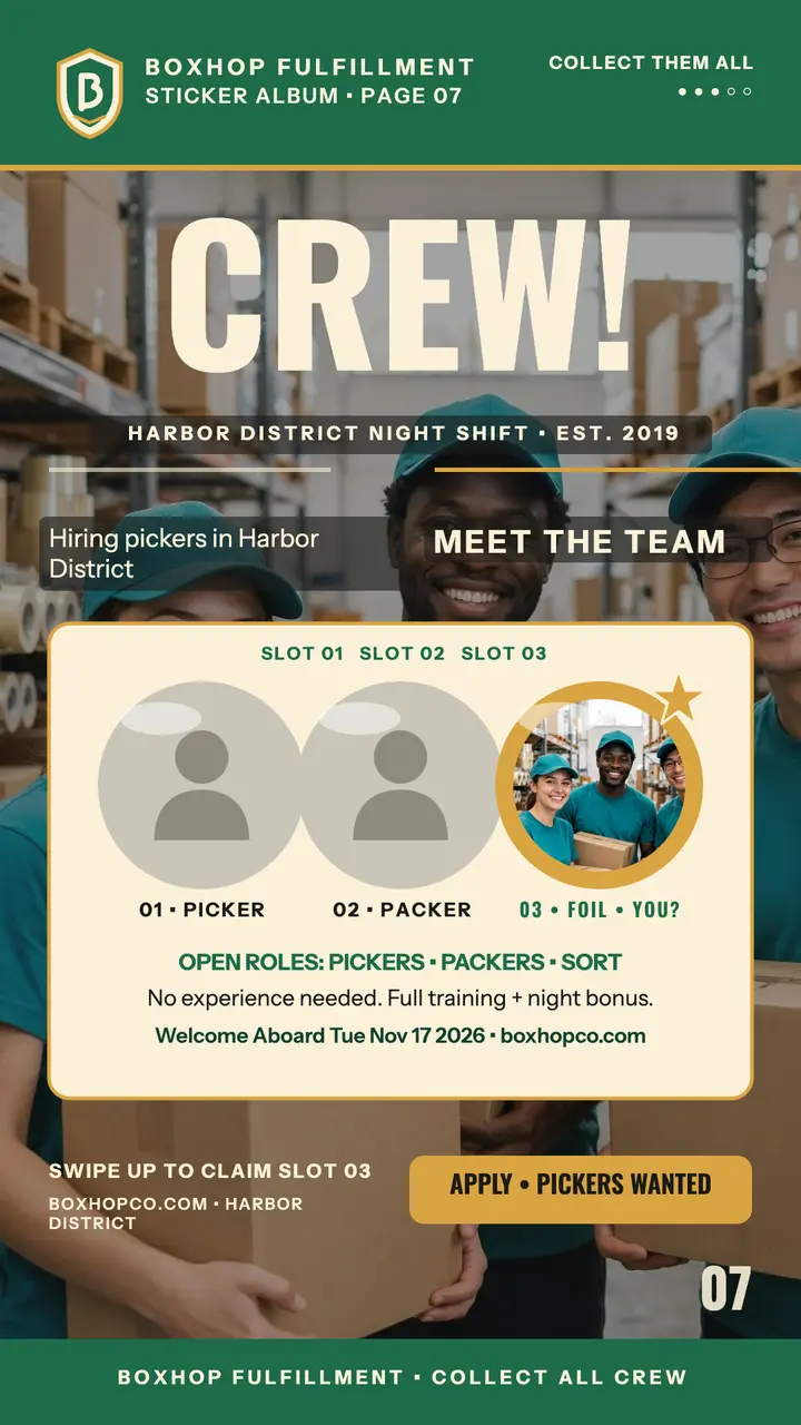 Boxhop crew sticker album hiring story: warehouse hiring story template
