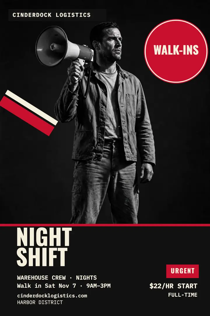 Cinderdock night shift hiring agitprop poster: warehouse hiring poster template