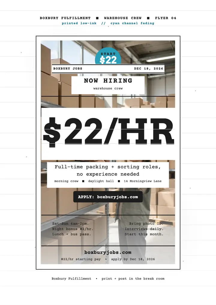 Boxbury warehouse hiring low-ink flyer template