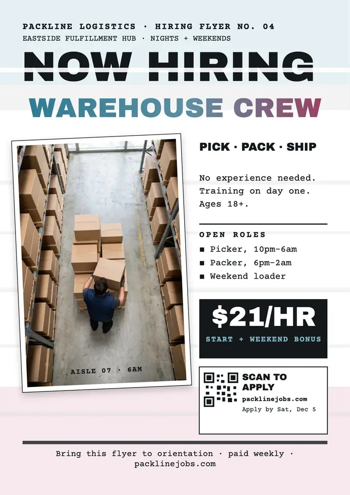 Packline warehouse hiring printout flyer: warehouse hiring flyer template
