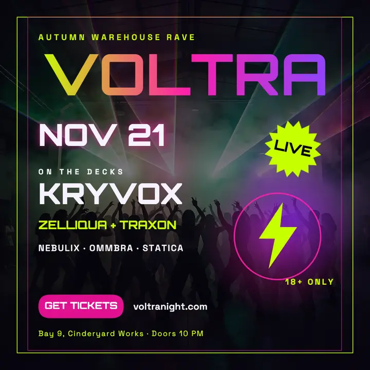 Voltra warehouse rave flyer, 90s fluorescent template