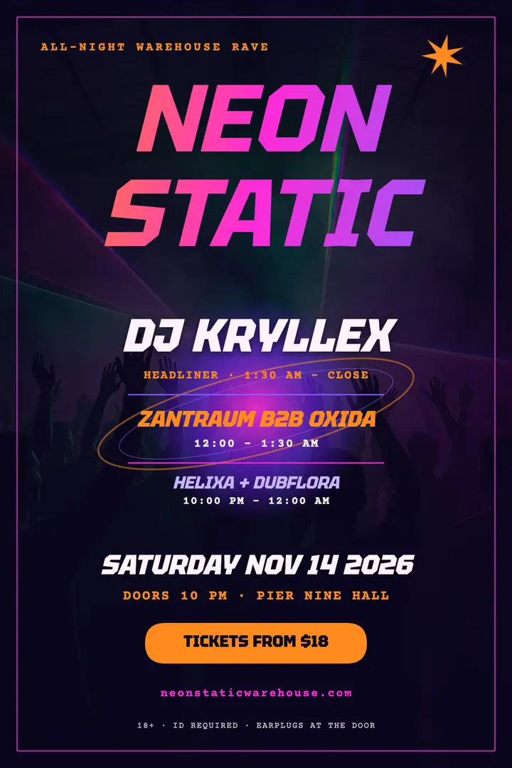 Neon Static Warehouse all-night rave poster: rave poster template