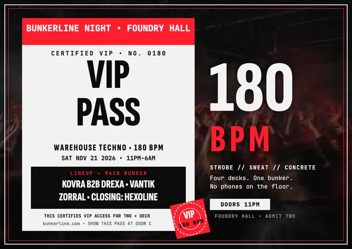 Bunkerline warehouse techno VIP pass: techno vip pass template