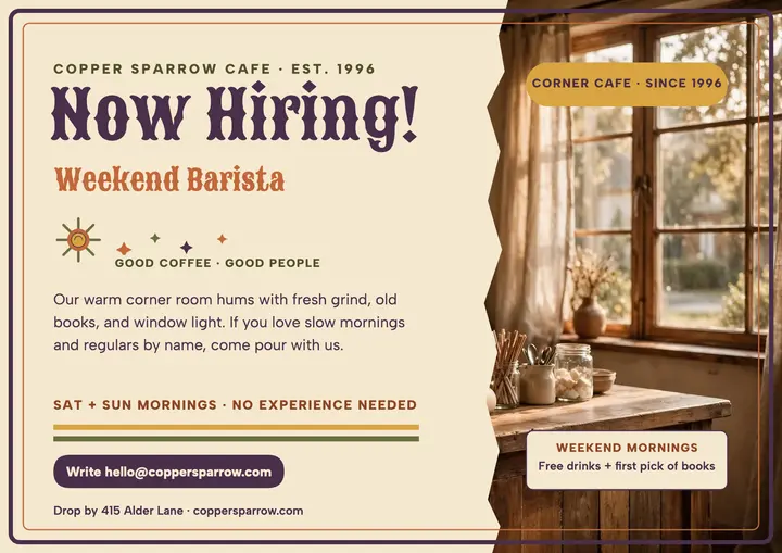 Copper Sparrow Cafe barista hiring certificate: barista hiring certificate template