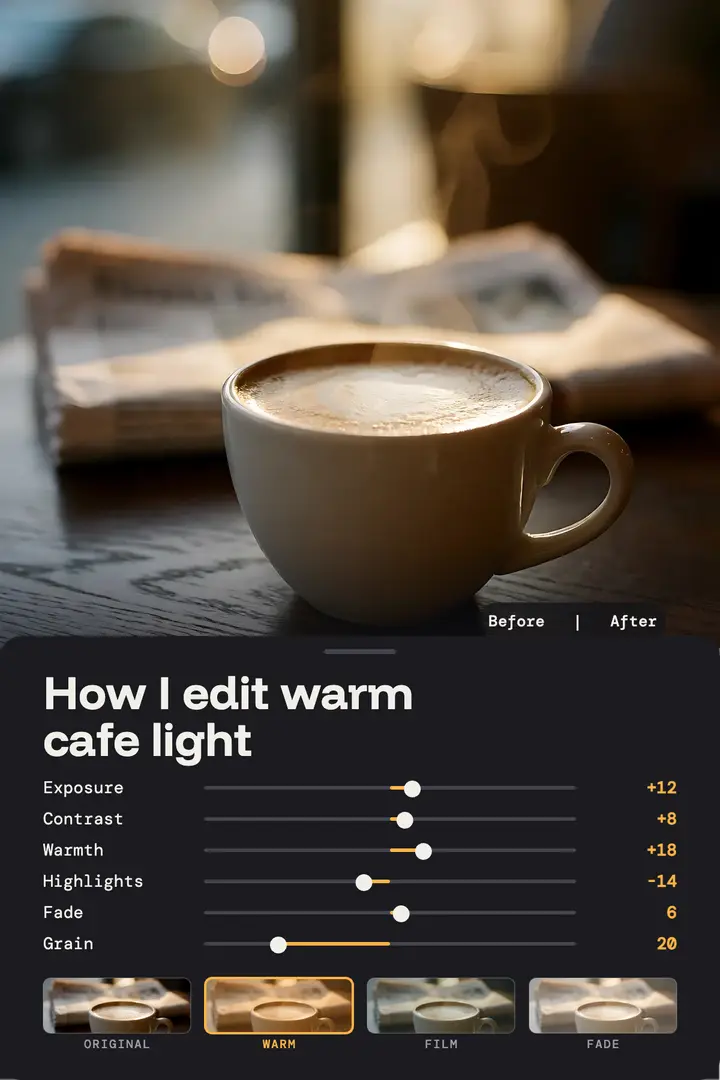 Warm cafe light edit recipe: photo editing recipe poster template
