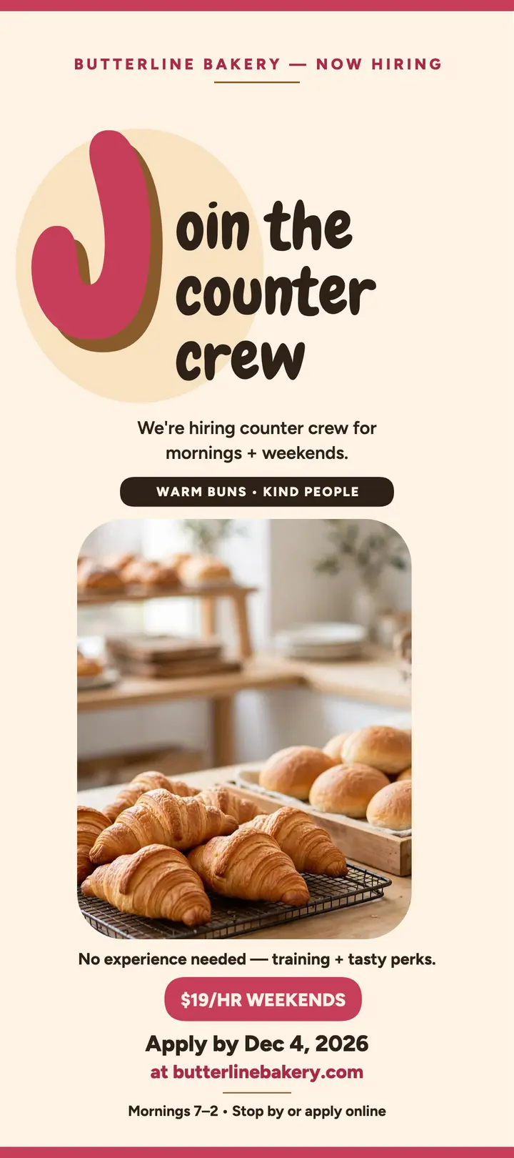 Butterline Bakery counter crew hiring card template