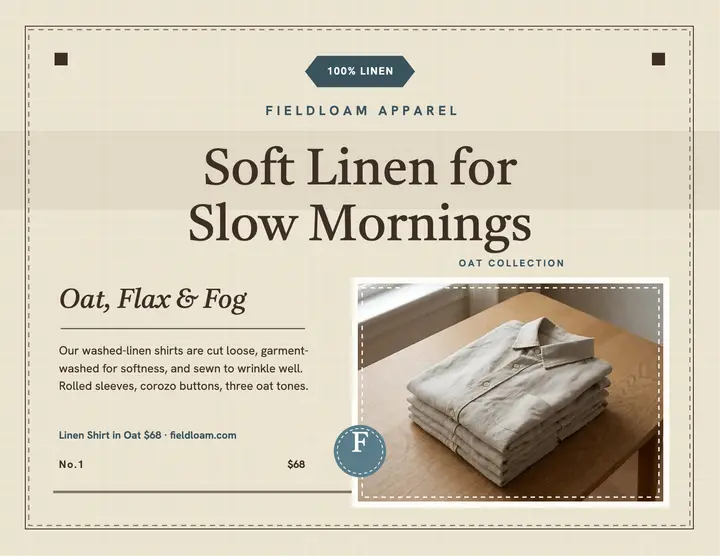 Fieldloam washed linen shirts flyer: linen shirt flyer template