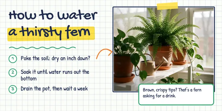 How to water a thirsty fern sketchnote: houseplant care sketchnote post template