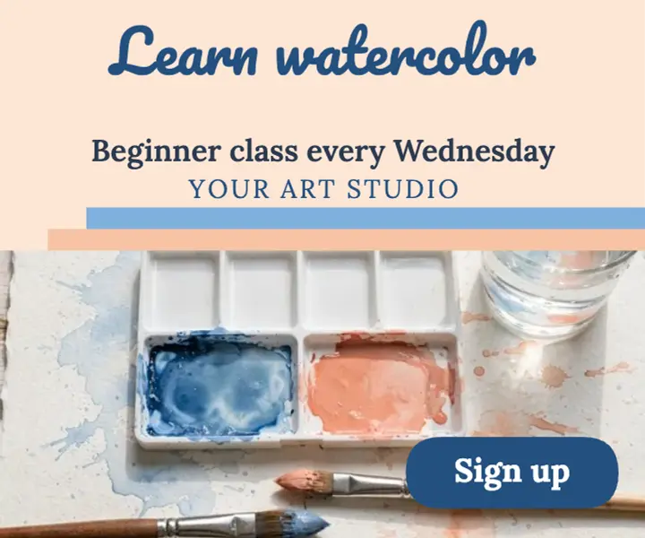 Watercolor blue and peach painting class ad template